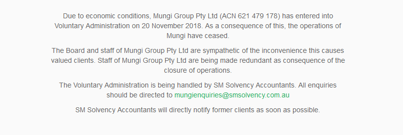 Mungi Group Enters Voluntary Administration